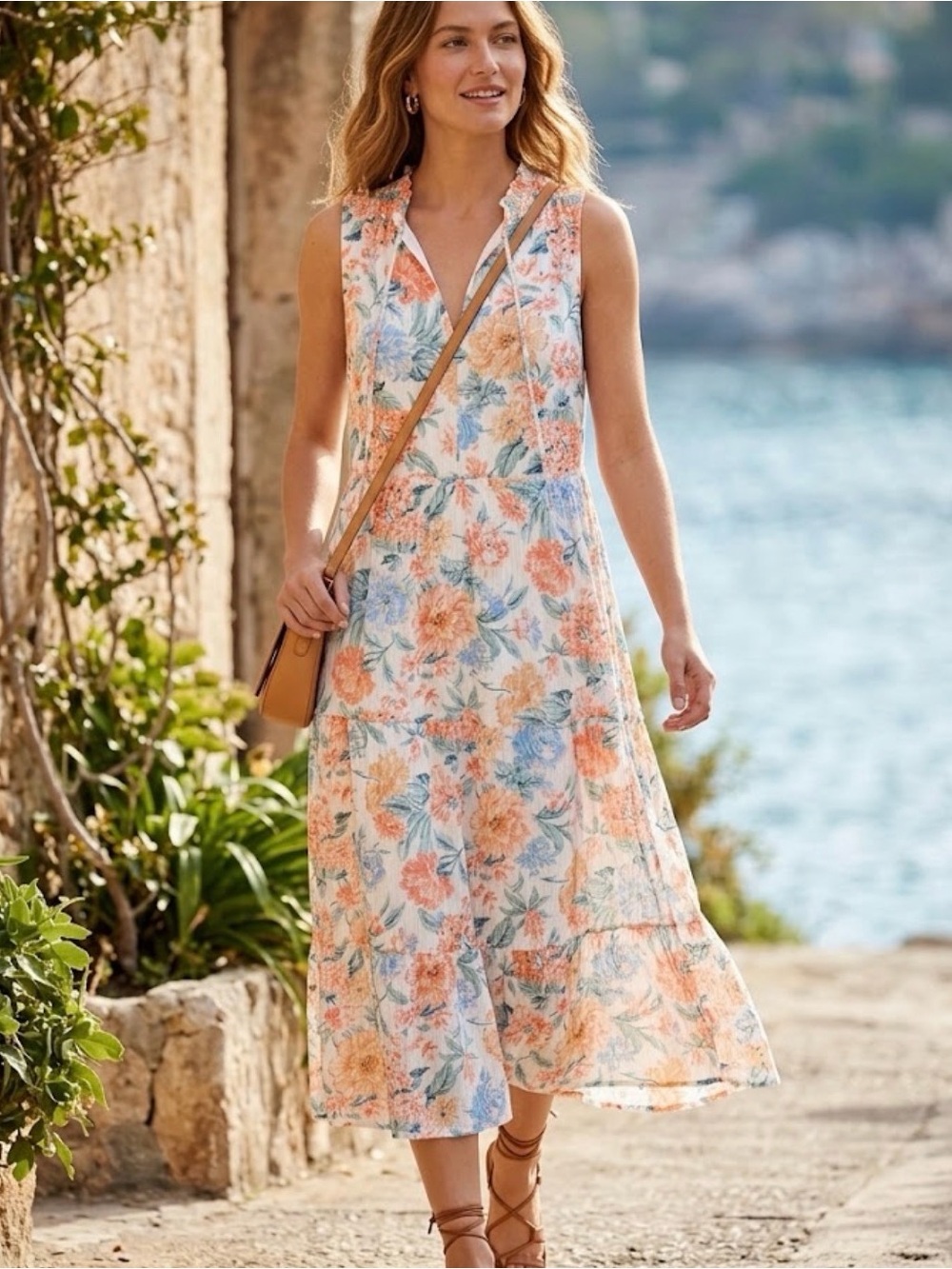 LOFT Sleeveless Floral Midi Dress in Peach & Blue